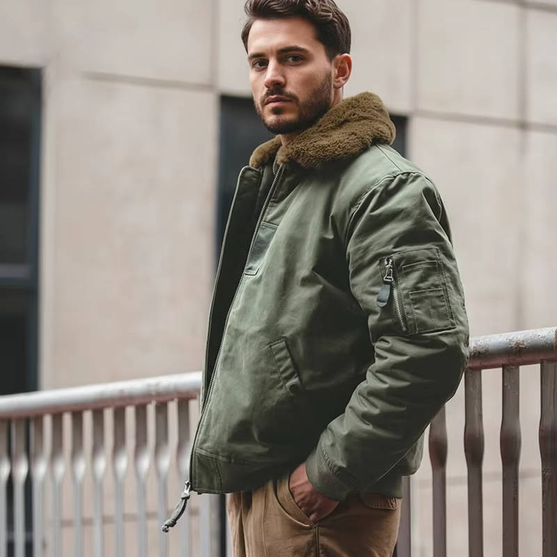 Blouson aviateur coupe-vent pour homme avec col en fourrure