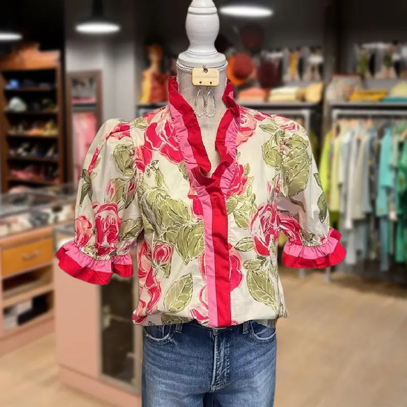 Women's Floral Ruffle Blouse | Stripe Detail Short Sleeve Top