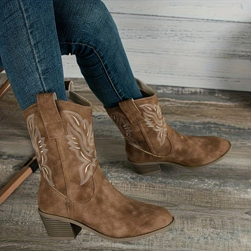 Women’s Western Suede-Look Cowboy Boots with Block Heel