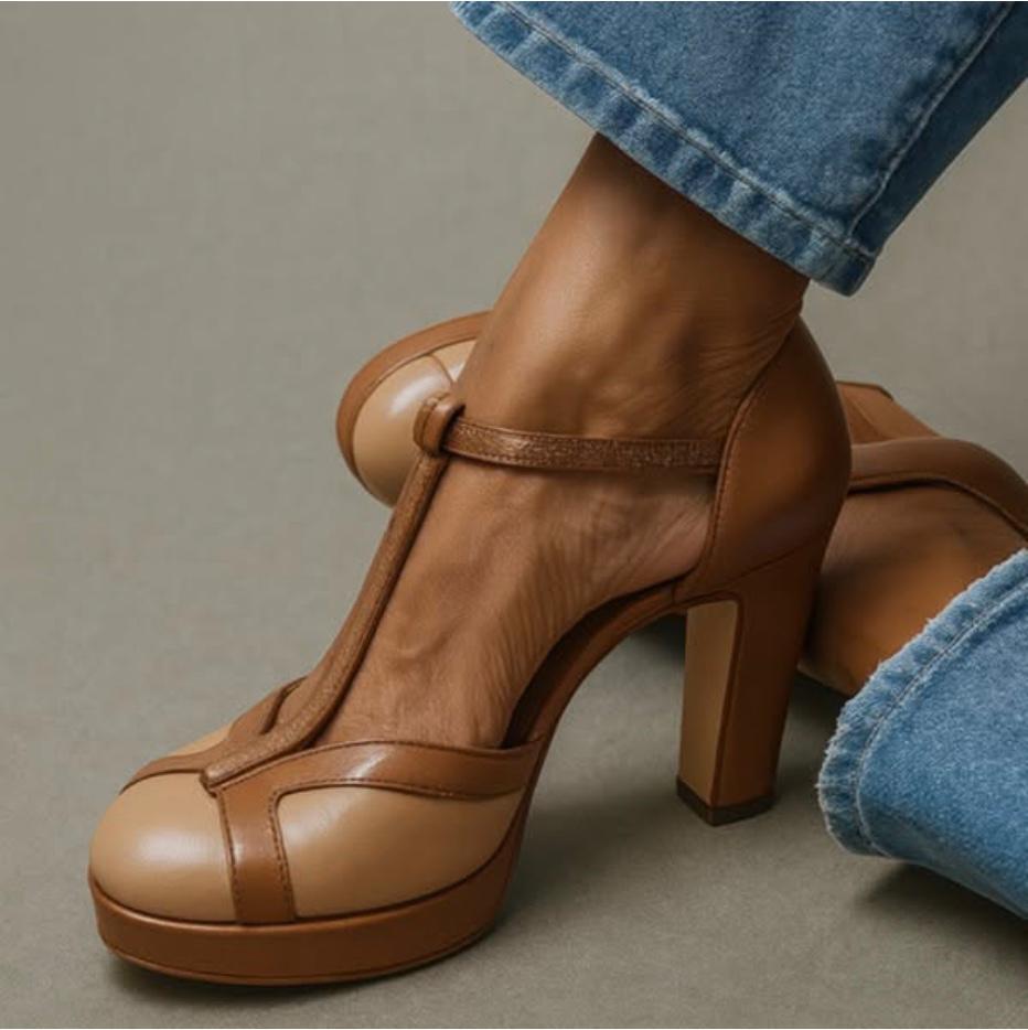 Women's T-Strap Platform Block Heel Pumps