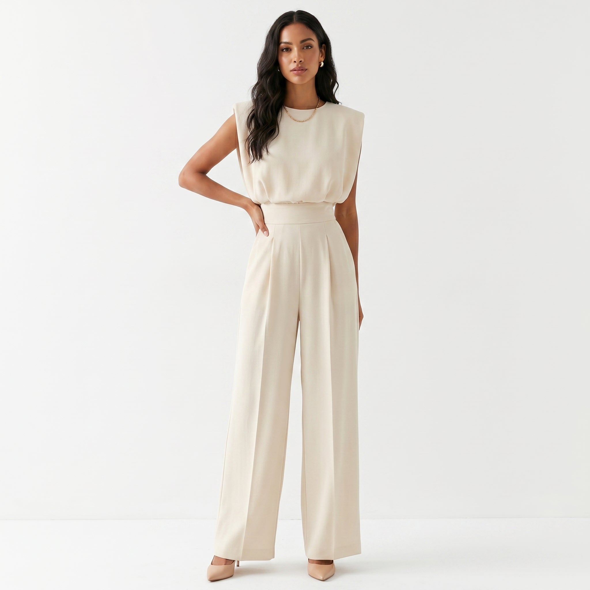 Women's Sleeveless Wide Leg Jumpsuit with Tailored Waist