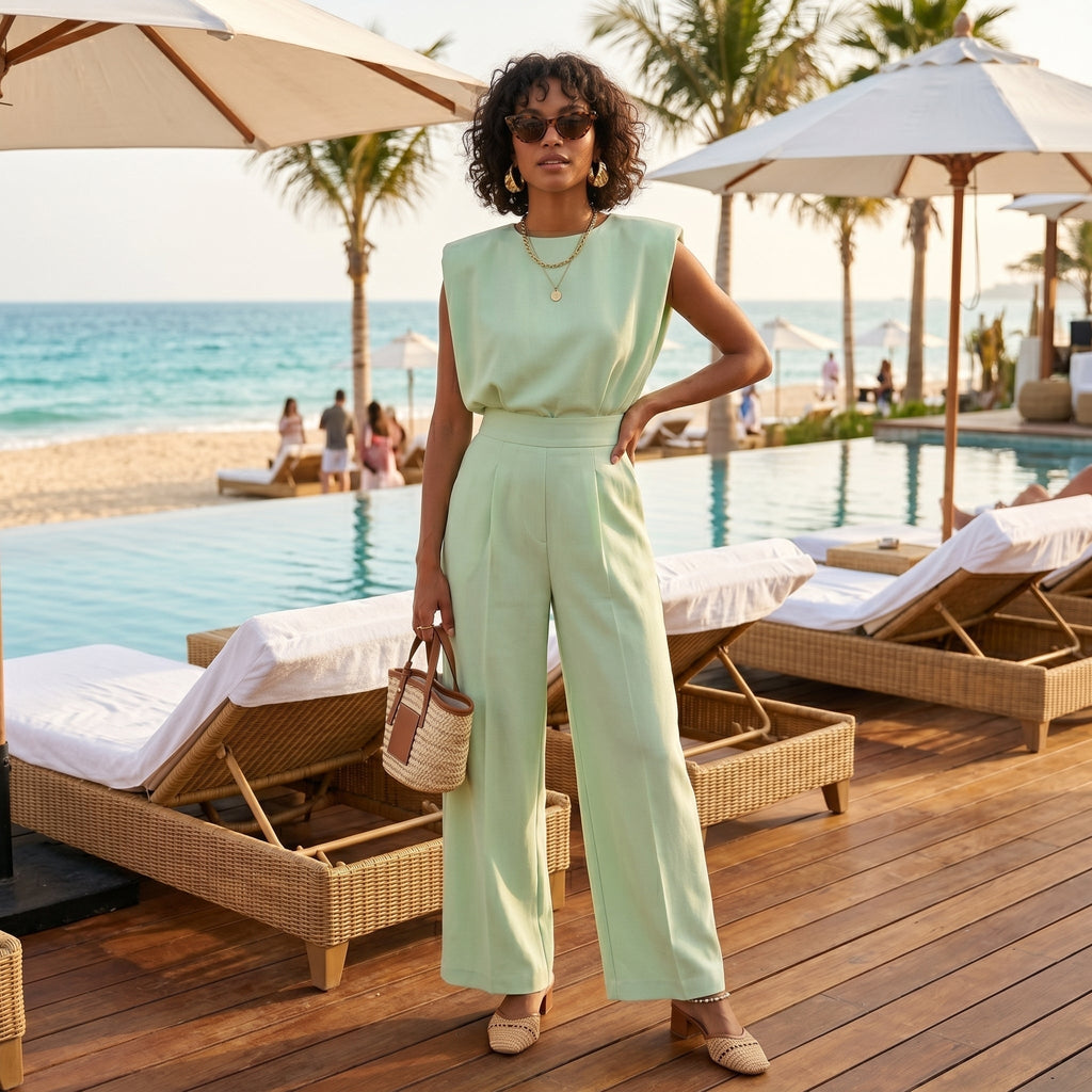 Women's Sleeveless Wide Leg Jumpsuit with Tailored Waist