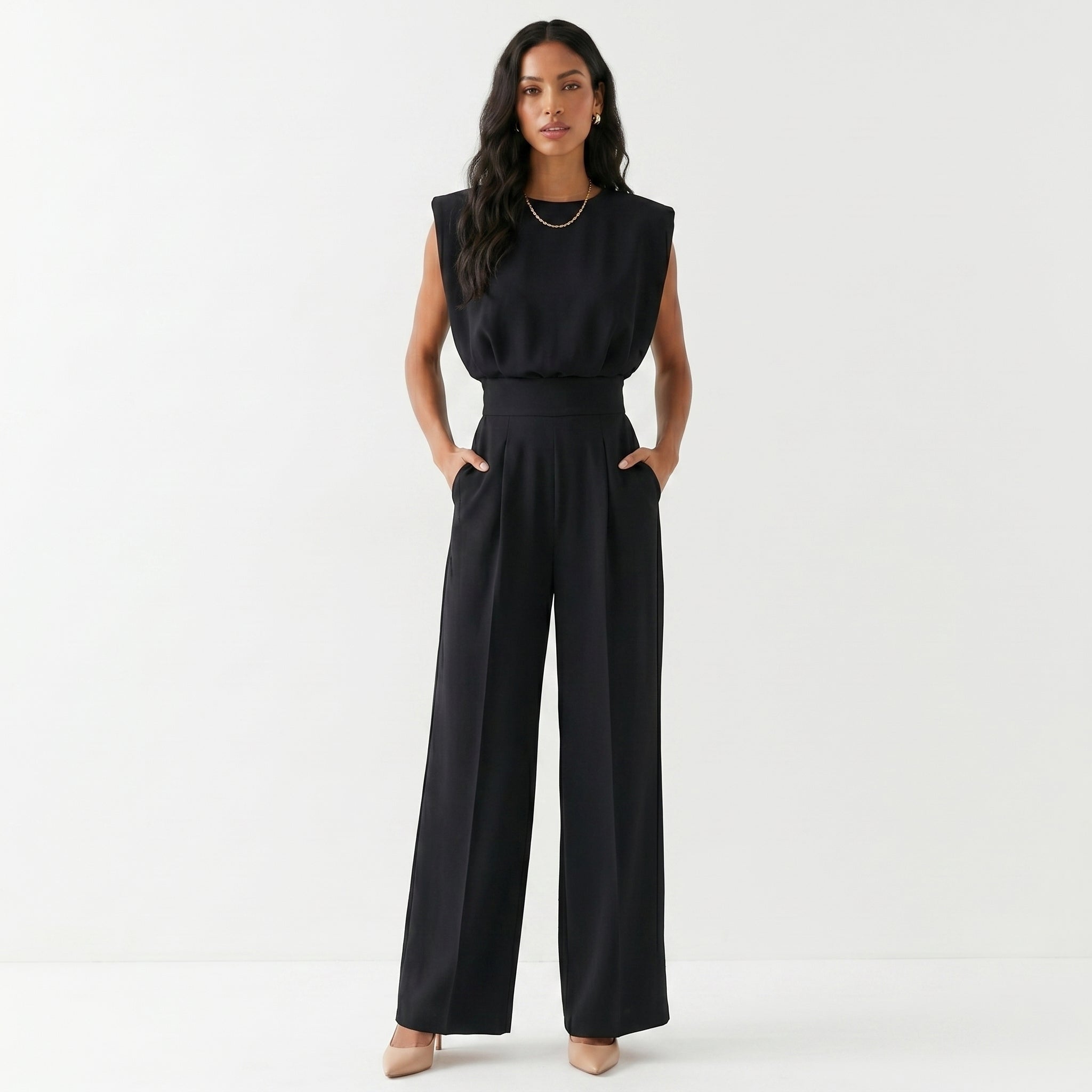 Combinaison pantalon fluide sans manches à taille ajustée pour femme