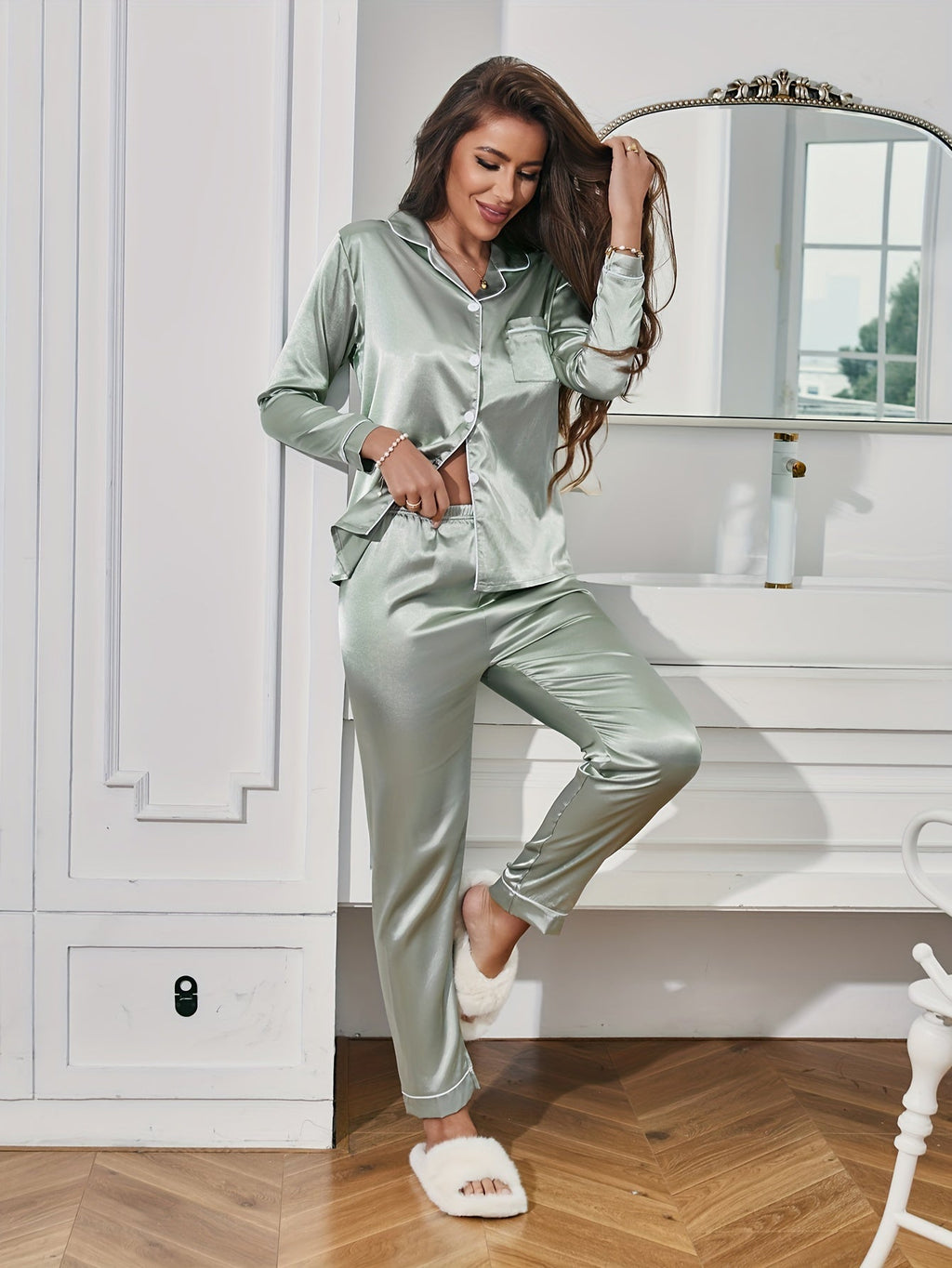 Women's Satin Pyjama Set with Long Sleeve Shirt for Summer