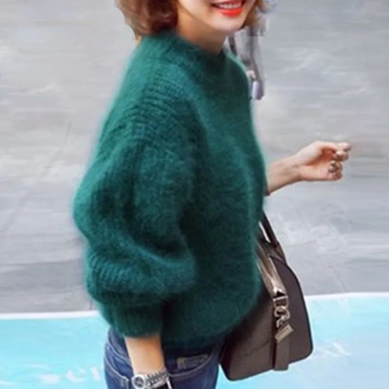 Damski sweter z miękkiej dzianiny ze stójką | Puszysty sweter w stylu vintage