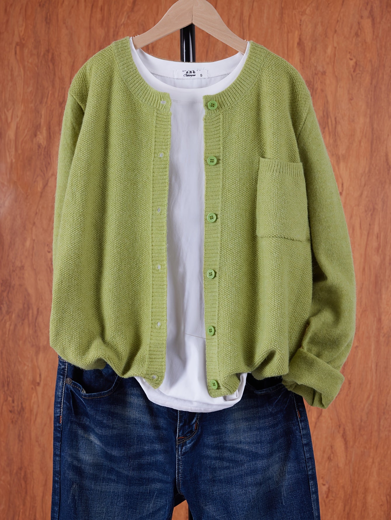 Women’s Knitted Button Cardigan with Crew Neck and Pocket