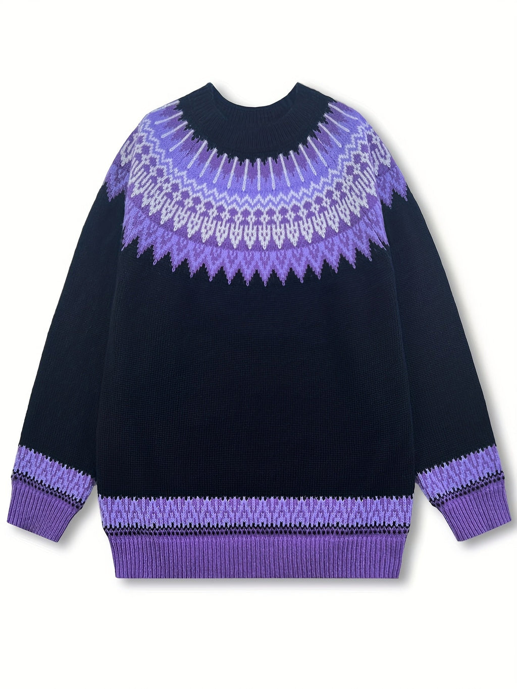 Damski gruby sweter | Okrągły dekolt i nordycki wzór