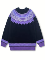 Damski gruby sweter | Okrągły dekolt i nordycki wzór