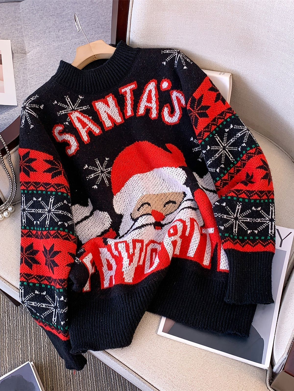 Pull de Noël oversize pour femme | Maille Fair Isle avec Père Noël
