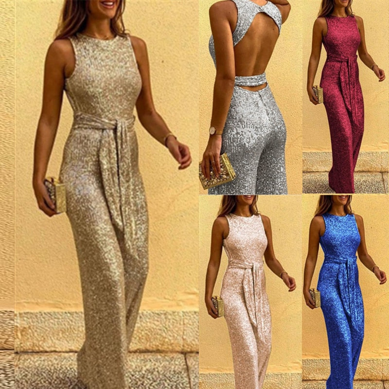 Combinaison femme à sequins, jambes larges et dos ouvert