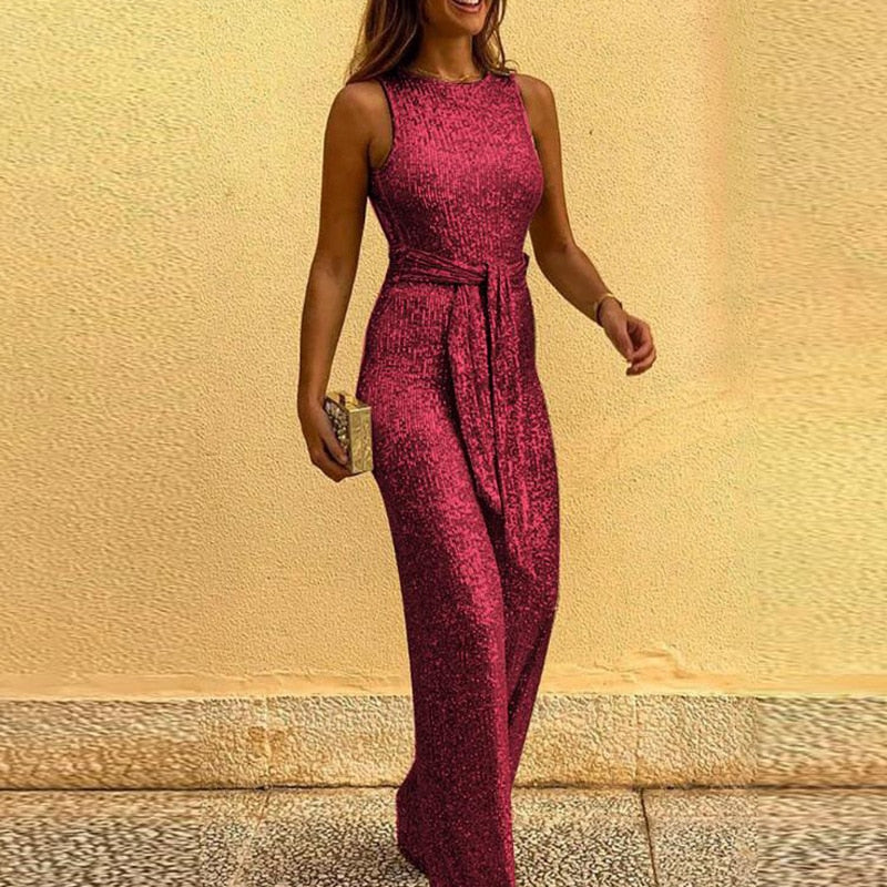 Combinaison femme à sequins, jambes larges et dos ouvert