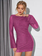 Women's Glitter Party Dress with Open Back & Long Sleeves