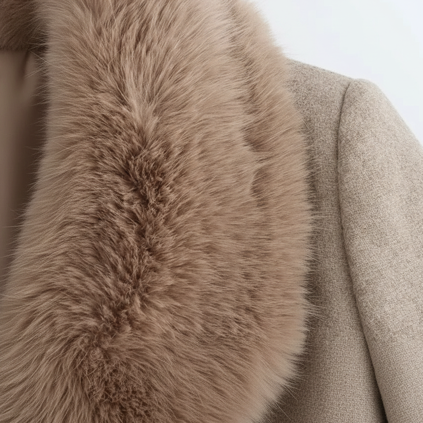 Długi damski płaszcz z paskiem i kołnierzem ze sztucznego futra