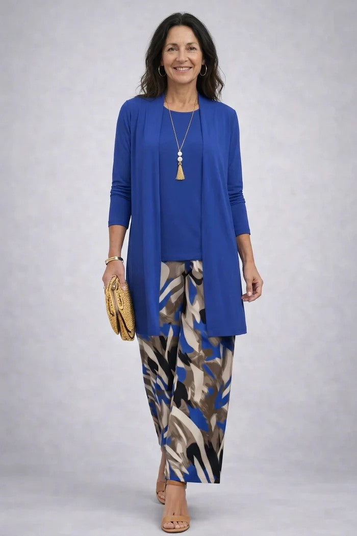Ensemble trois pièces imprimé avec cardigan et pantalon pour femme