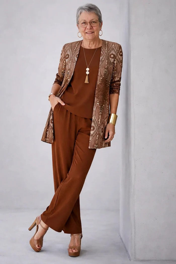 Ensemble trois pièces imprimé avec cardigan et pantalon pour femme