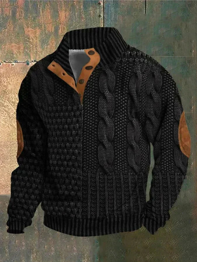 Pull zippé en maille torsadée pour homme avec coudières