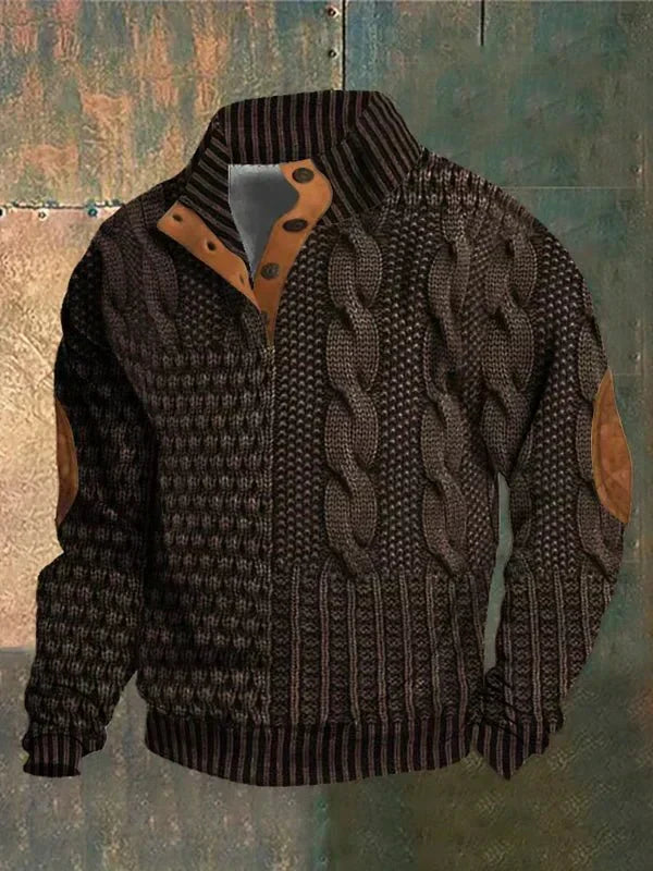 Pull zippé en maille torsadée pour homme avec coudières