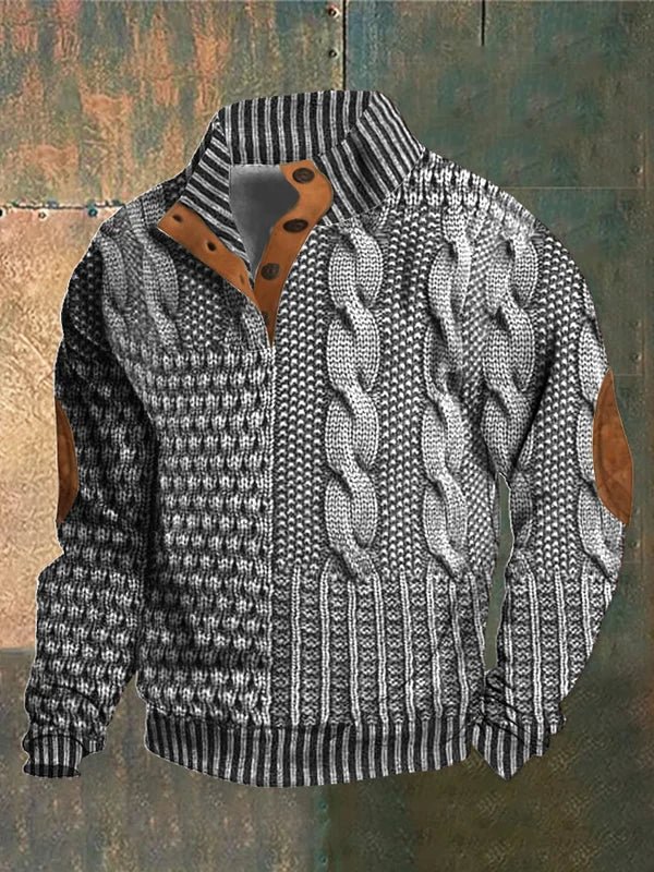 Pull zippé en maille torsadée pour homme avec coudières