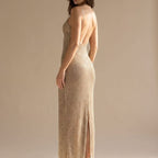 Robe longue dos nu à paillettes dorées pour femme