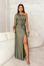 Women's One-Shoulder Ruched Maxi Dress with Thigh Split