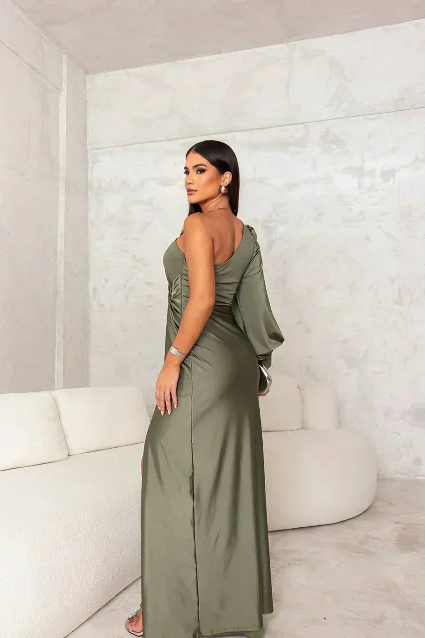 Women's One-Shoulder Ruched Maxi Dress with Thigh Split