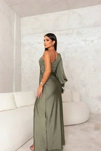 Women's One-Shoulder Ruched Maxi Dress with Thigh Split