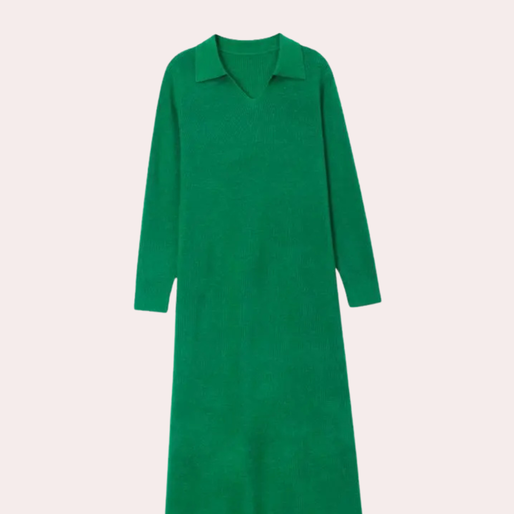 Women’s Collared Knit Midi Dress with Long Sleeves