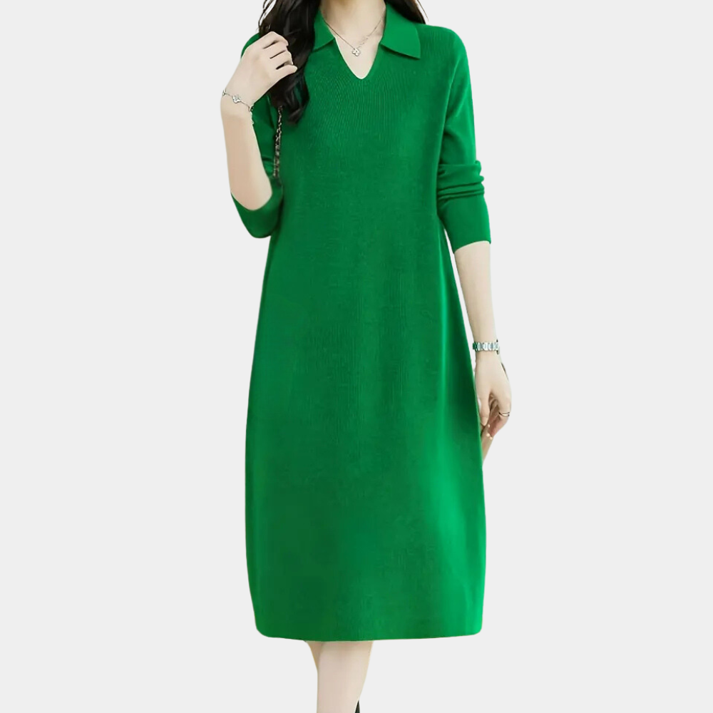 Women’s Collared Knit Midi Dress with Long Sleeves