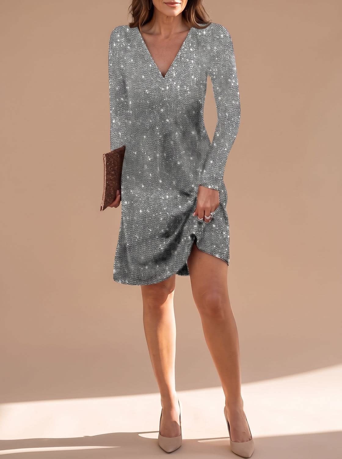 Robe courte noire à sequins pour femme | Manches longues