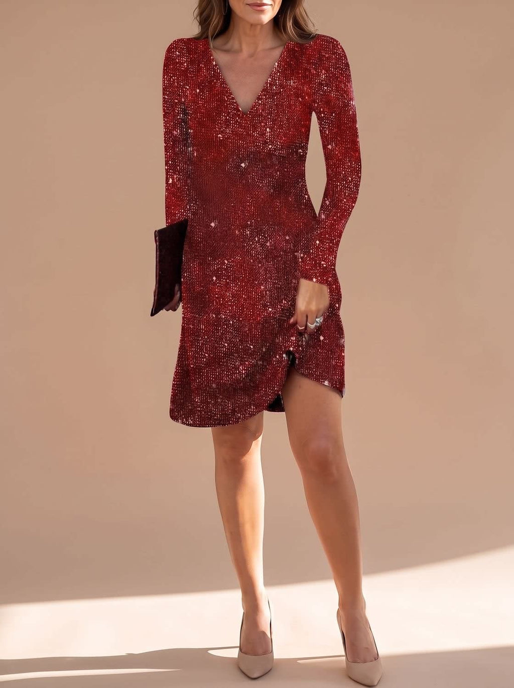 Robe courte noire à sequins pour femme | Manches longues