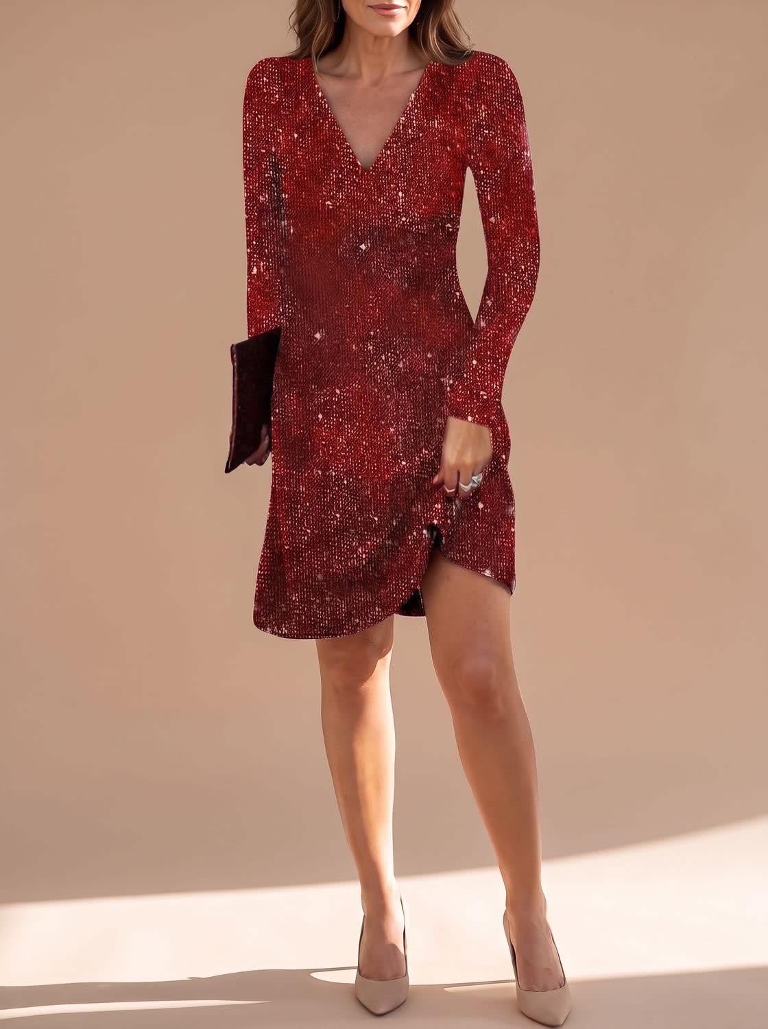 Robe courte noire à sequins pour femme | Manches longues