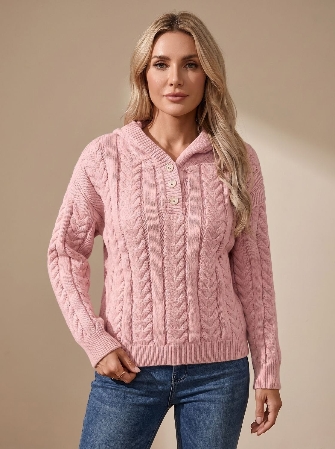 Women's Oversized Cable Knit Hooded Jumper with Button Detail