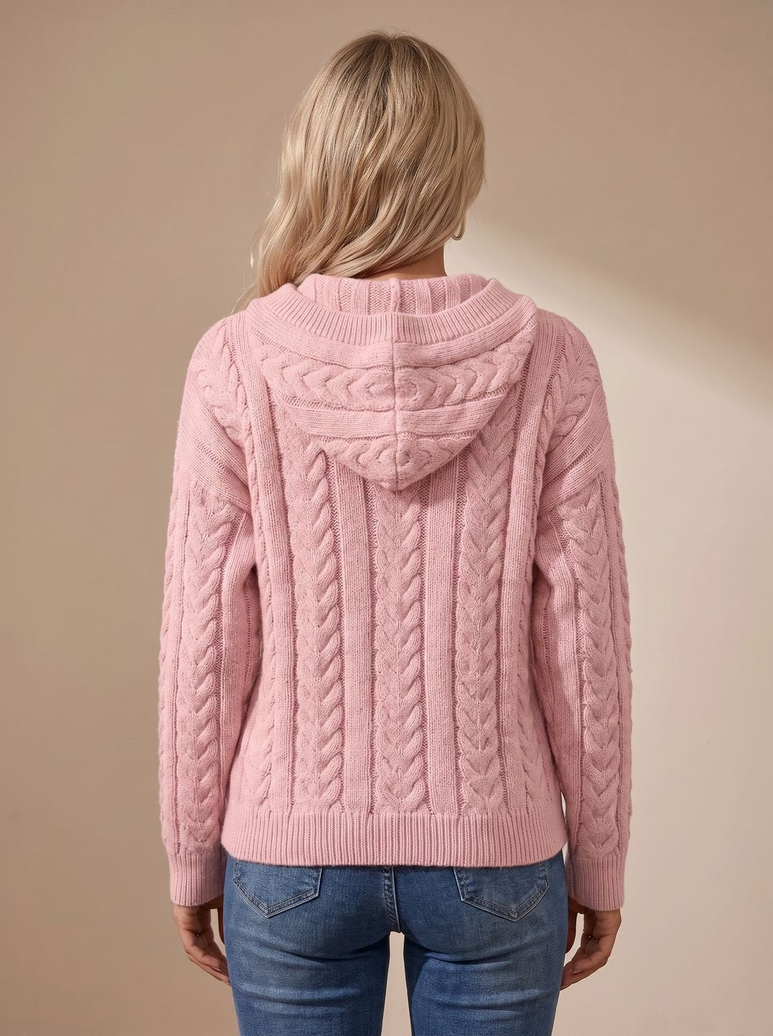 Women's Oversized Cable Knit Hooded Jumper with Button Detail