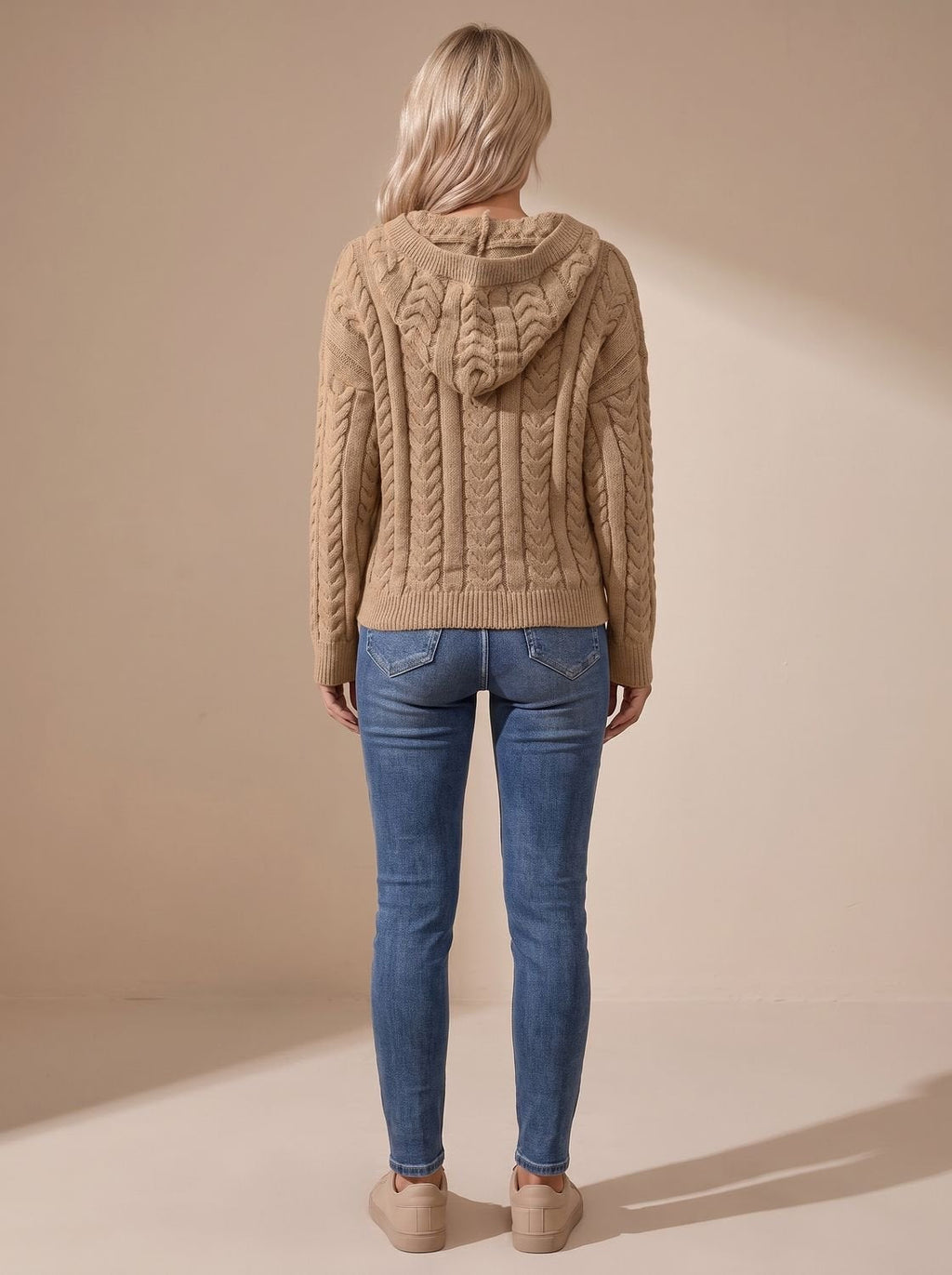Women's Oversized Cable Knit Hooded Jumper with Button Detail