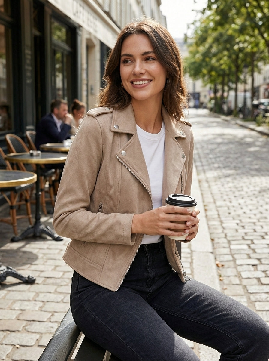 Veste de motard en faux daim pour femme