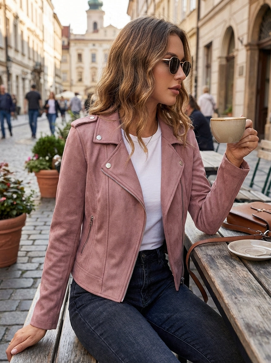 Veste de motard en faux daim pour femme
