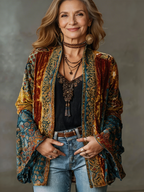 Aksamitna kurtka damska w stylu boho | flanelowy płaszcz o luźnym kroju