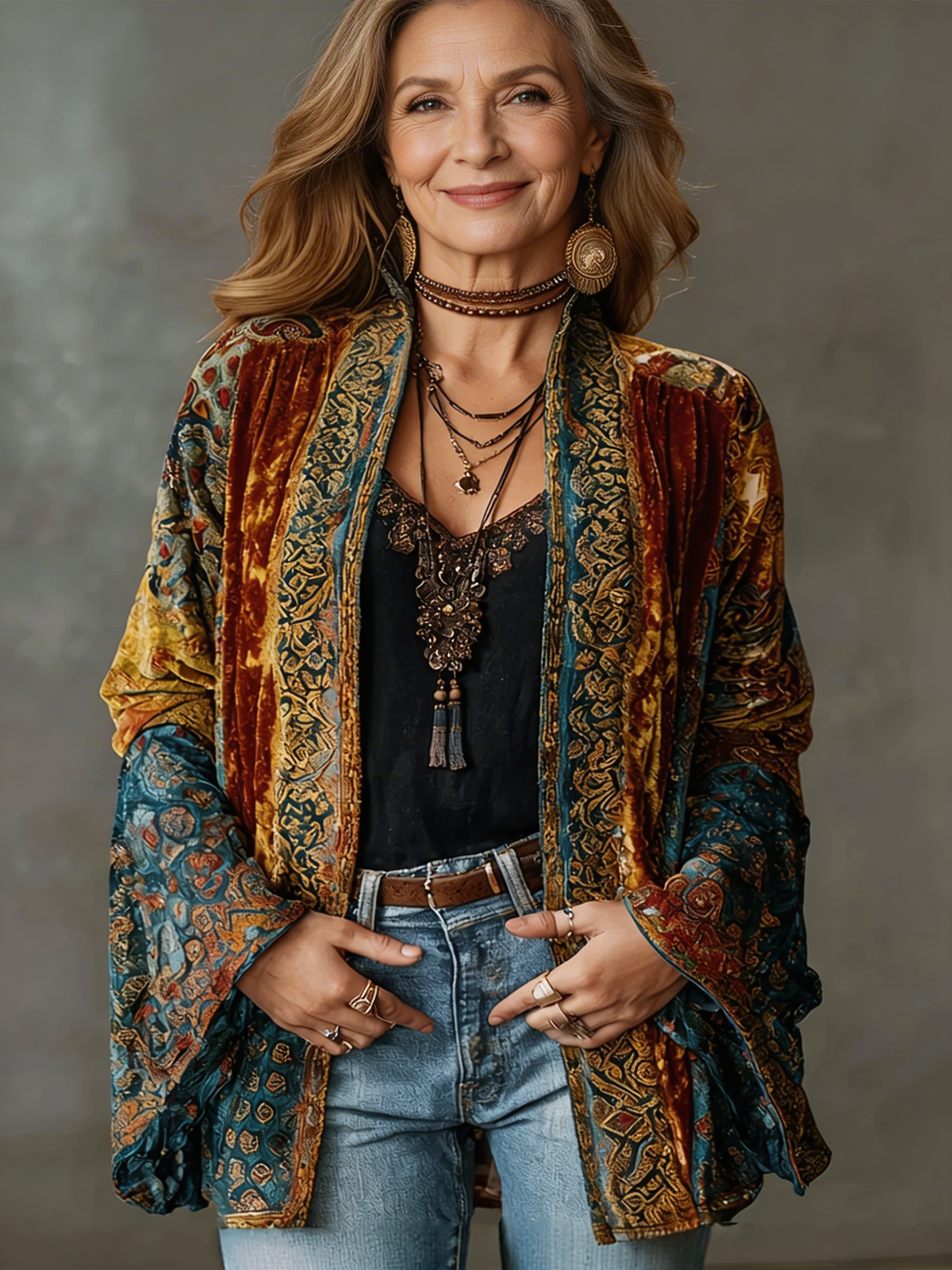 Aksamitna kurtka damska w stylu boho | flanelowy płaszcz o luźnym kroju