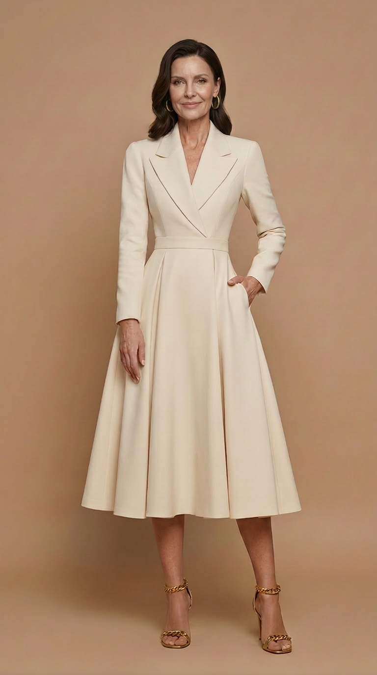 Robe midi trapèze pour femme, avec blazer à manches longues