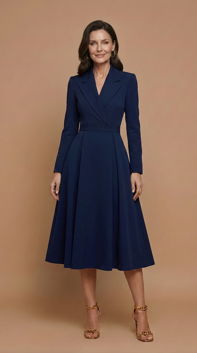 Robe midi trapèze pour femme, avec blazer à manches longues
