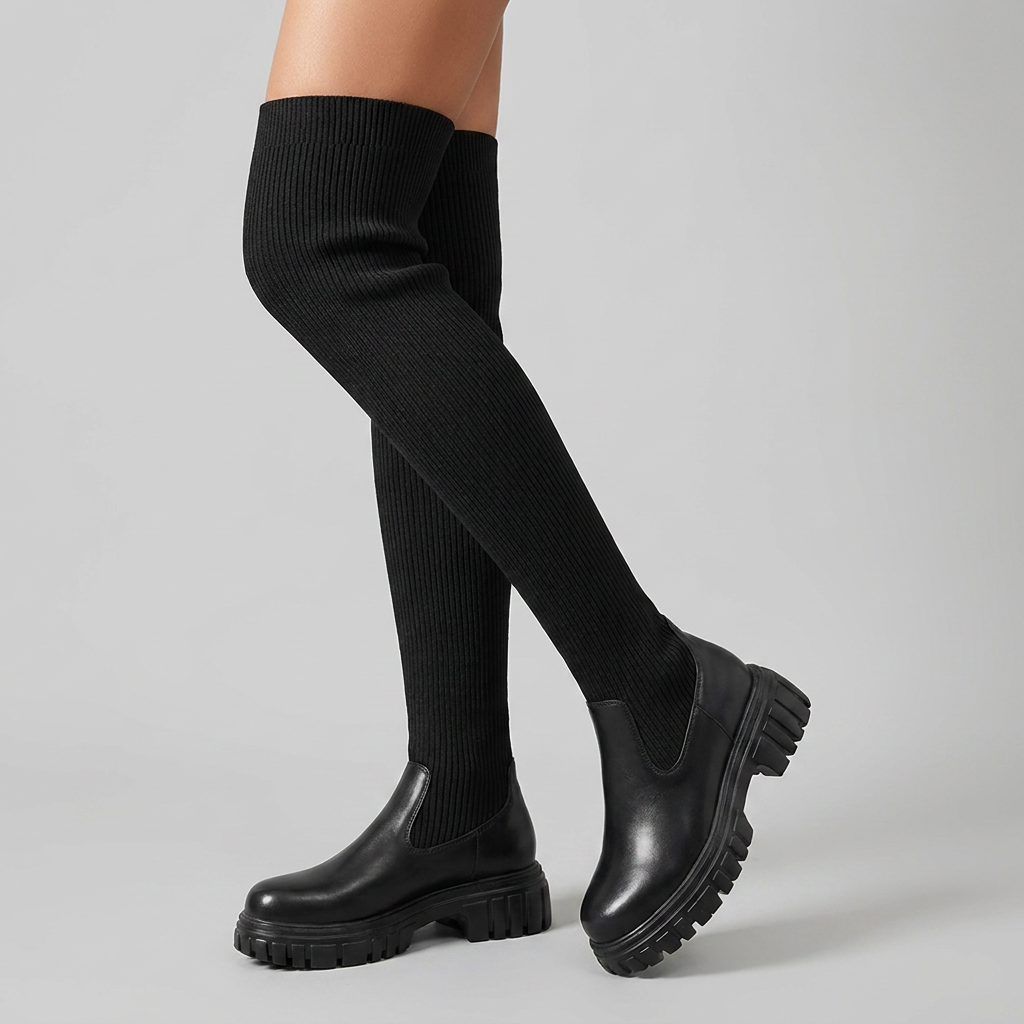 Bottes en maille pour femme, semelle épaisse, hauteur cuisse
