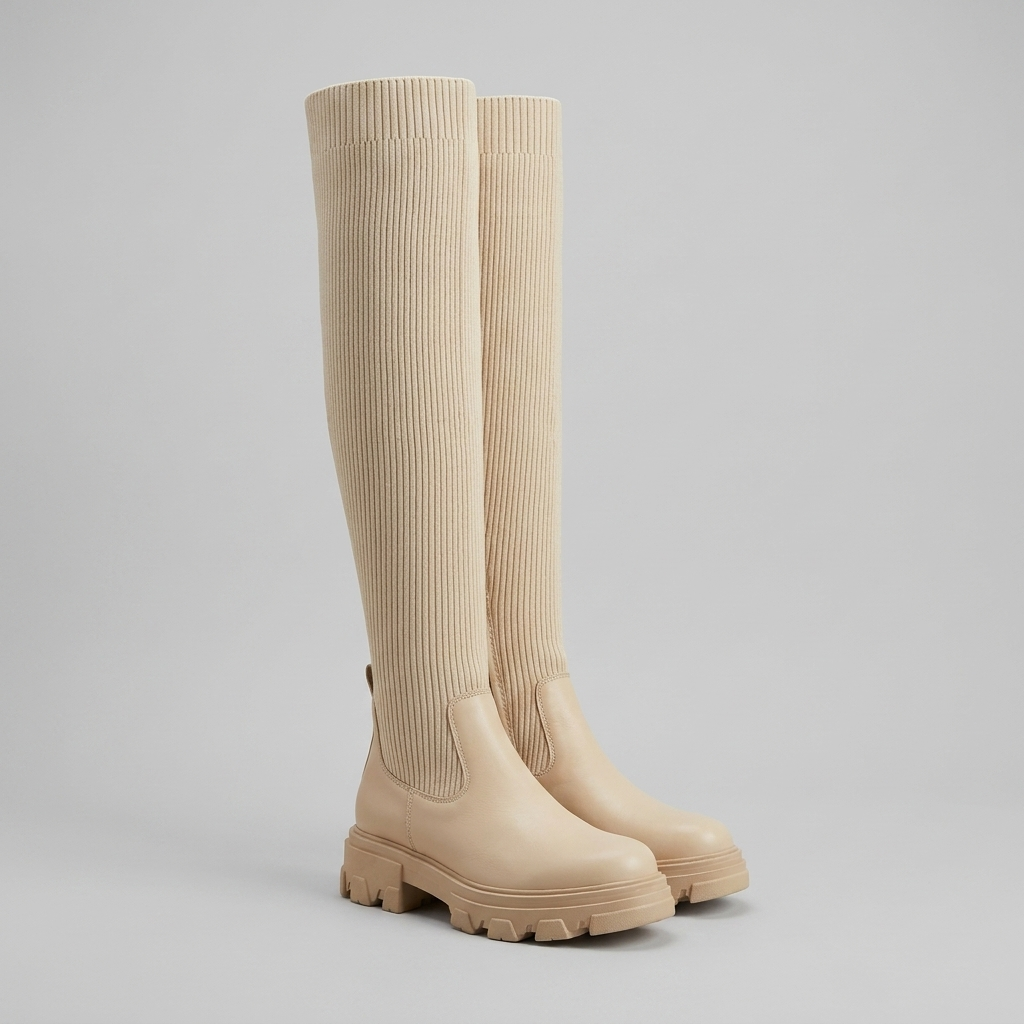 Bottes en maille pour femme, semelle épaisse, hauteur cuisse