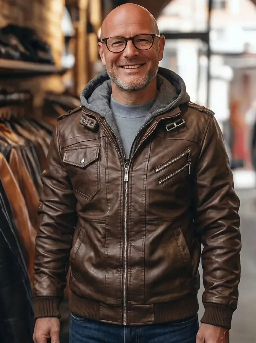 Men’s Hooded Biker Jacket with Multi-Pocket Detail