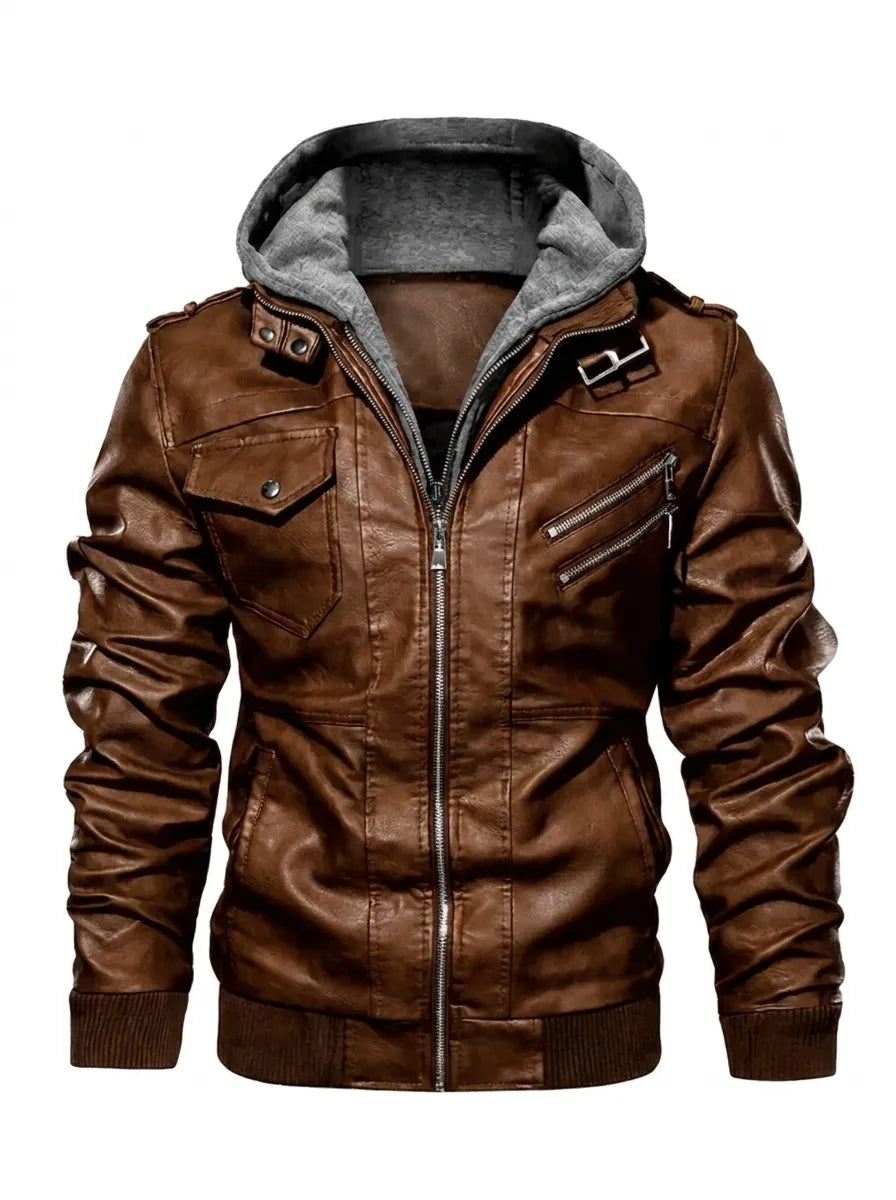 Men’s Hooded Biker Jacket with Multi-Pocket Detail