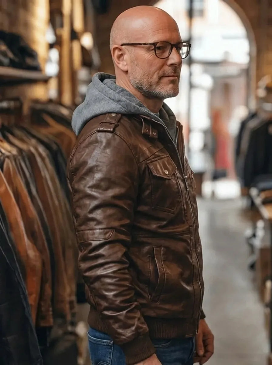 Men’s Hooded Biker Jacket with Multi-Pocket Detail
