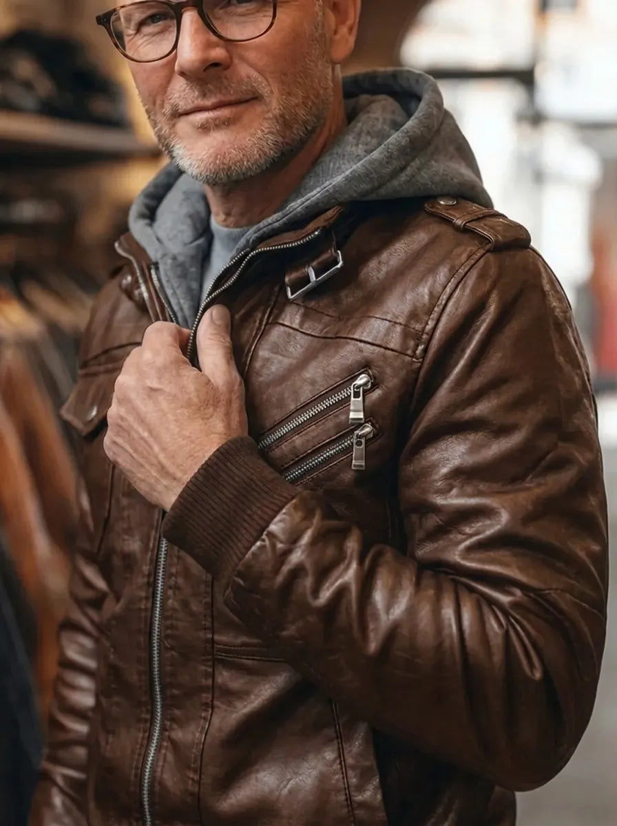 Men’s Hooded Biker Jacket with Multi-Pocket Detail