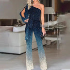 One-Shoulder Sequin Jumpsuit with Sash Tie Waist