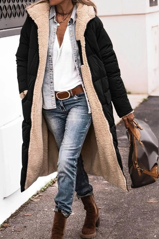 Manteau matelassé long pour femme avec capuche
