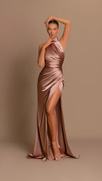 Satin Halter Gown with Draped Wrap Skirt
