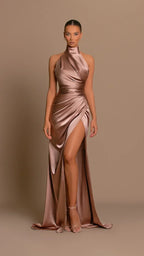 Satin Halter Gown with Draped Wrap Skirt